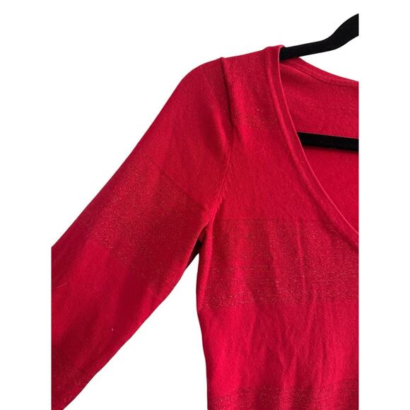 GUESS Red Medium Neck Long Sleeved Sweater Tunic Holiday Sparkle Stripes #3434 - Picture 2 of 11